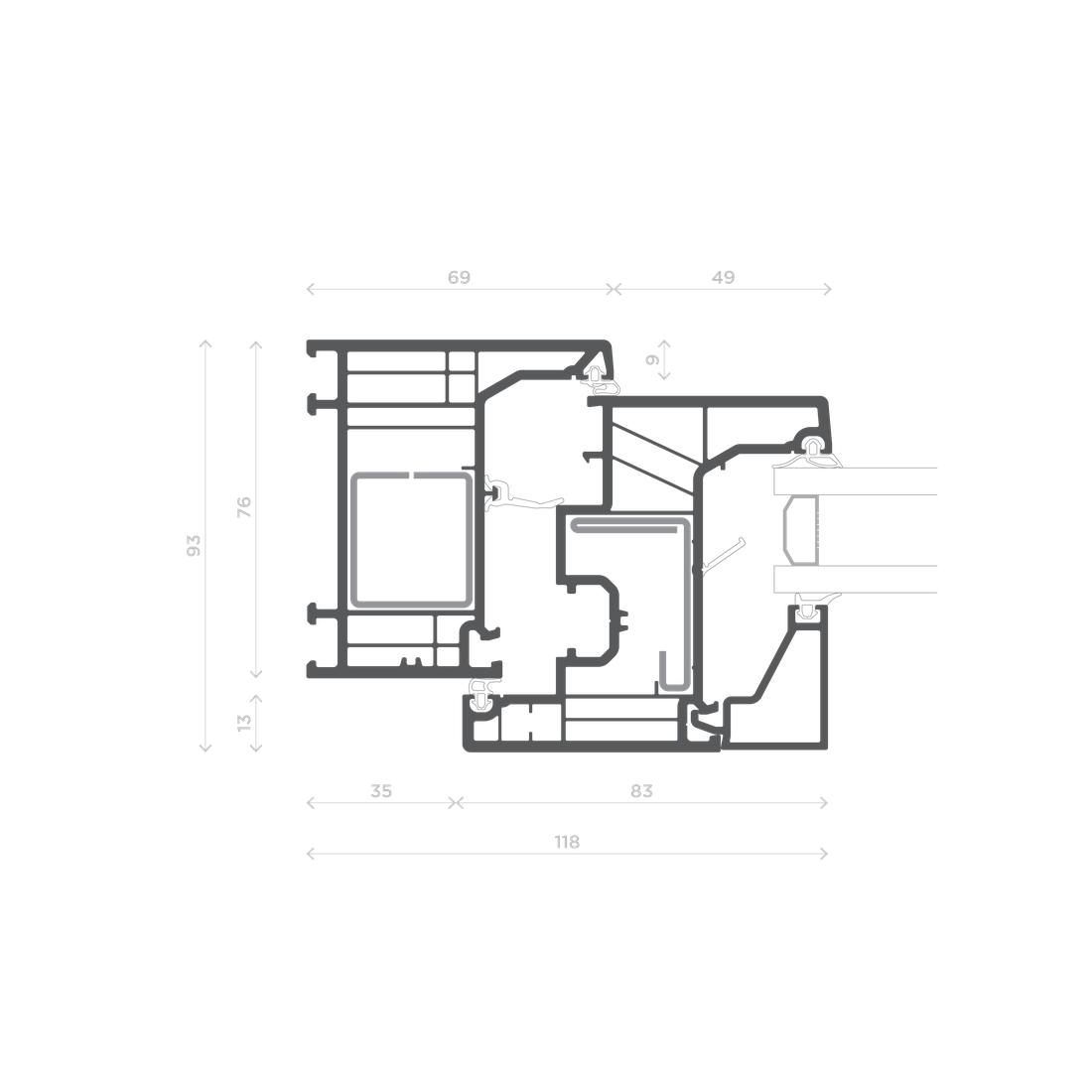W1 — Fermavetro piatto — Nodo Laterale / Telaio L - Anta