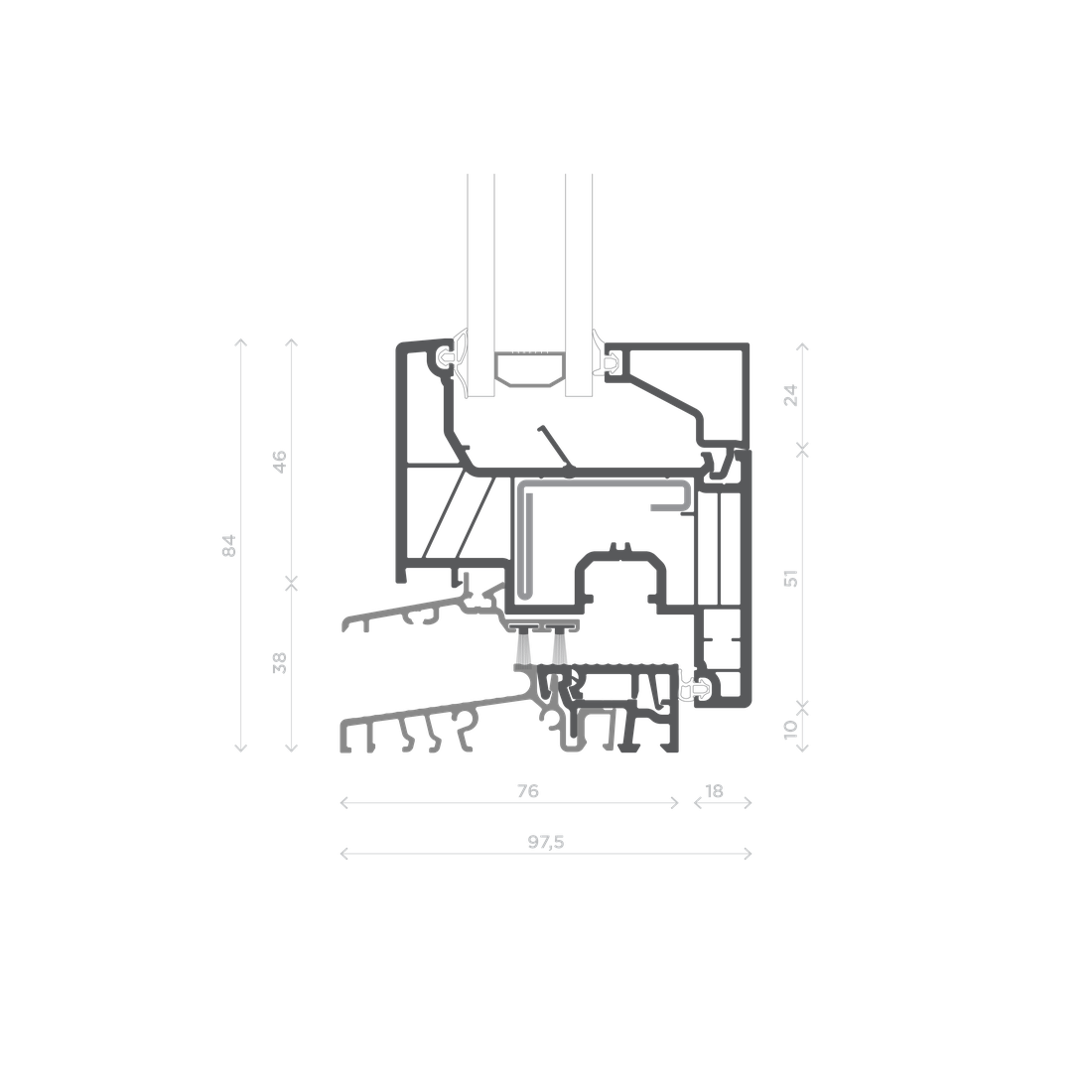 W1 — Fermavetro piatto — Nodo Laterale Inferiore / Soglia - Anta