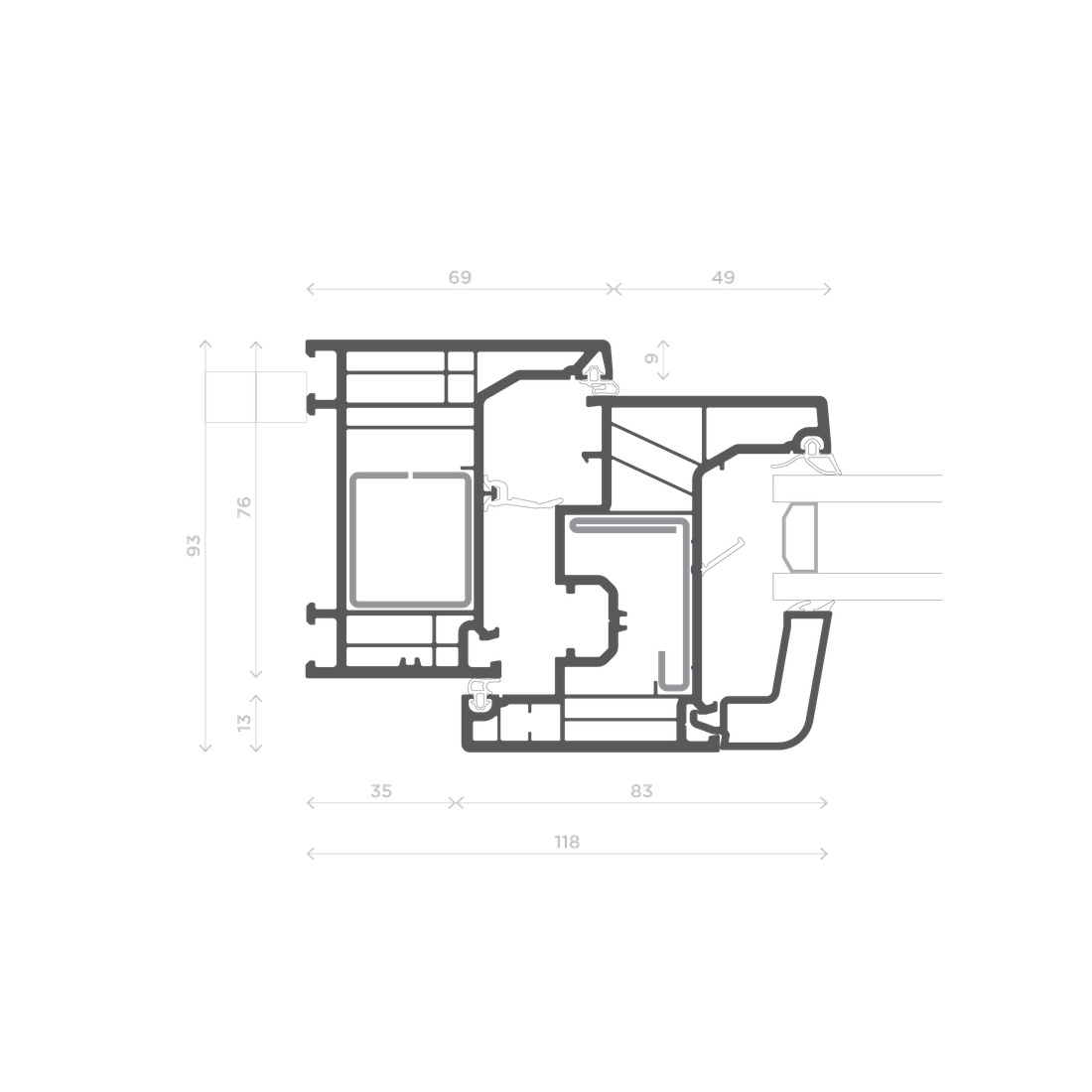 W1 — Fermavetro arrotondato — Nodo Laterale / Telaio L - Anta