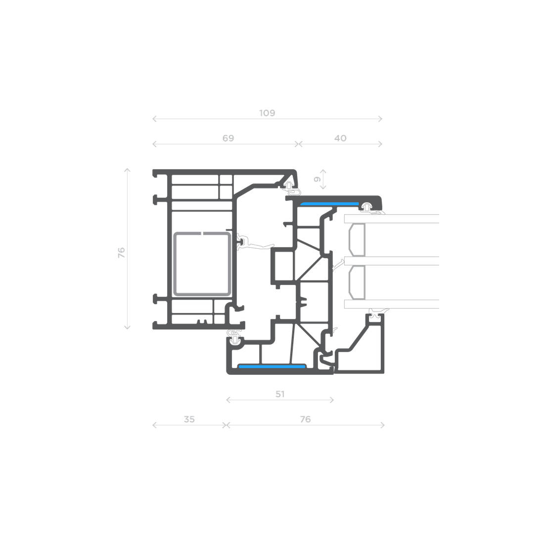 W2 — Fermavetro piatto — Nodo Laterale / Telaio L - Anta